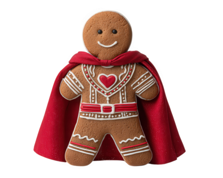 Gingerbread man superhero costume red cape heart decoration smiling face festive cookie holiday treat cheerful decorated icing isolated transparency background