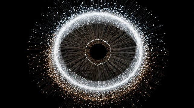 Abstract glowing circular pattern with dynamic light trails and radiant particles on a dark background for visual design concepts