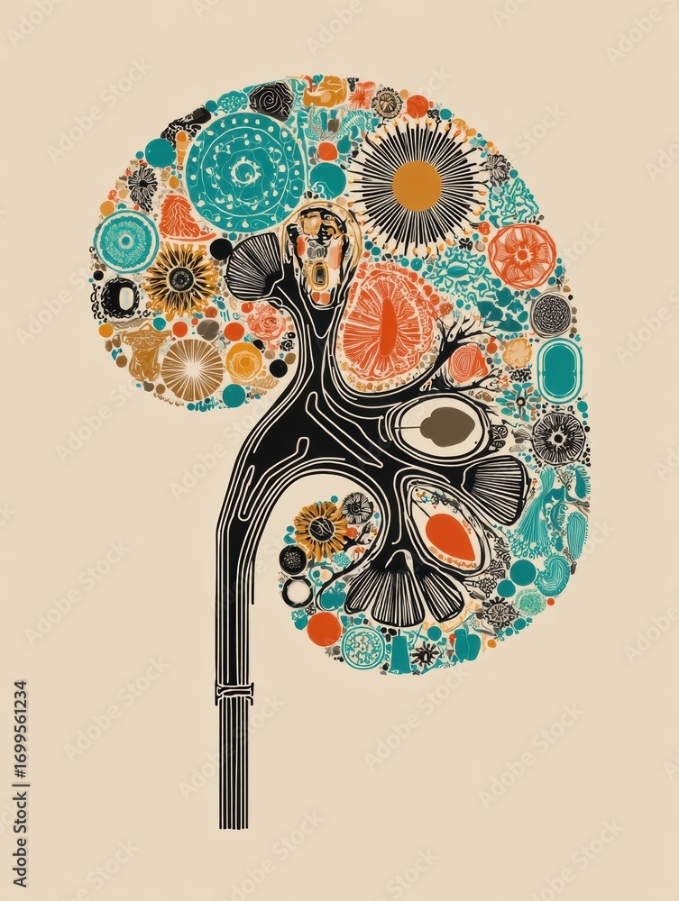 Poster creative illustration of kidney anatomy featuring colorful representations of cellular structures an