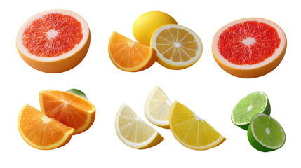 Obraz premium Vibrant Citrus Symphony: An assortment of colorful citrus fruits, including grapefruit, lemon, lime, and mandarin orange, artfully arranged and capturing the essence of freshness.