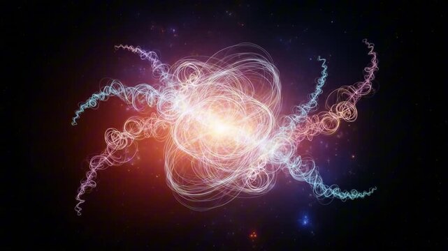 A luminous swirling cosmic entity floats amidst a starry dark space