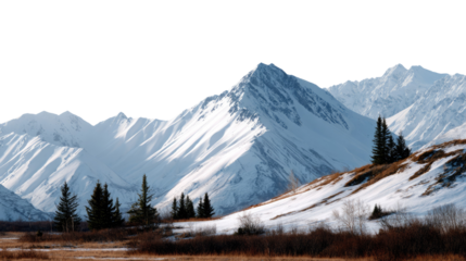 Snow-Capped Peaks in Serene Wilderness: A majestic panorama unfolds, featuring towering, snow-dusted mountains under a bright, cloudless sky. A symphony of nature's beauty.