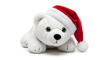 Cute fluffy polar bear stuffed animal wearing a festive red Santa hat, perfect for holiday celebrations