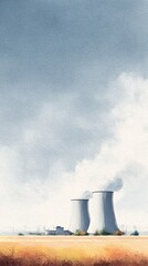 A serene landscape featuring two cooling towers emitting steam against a cloudy sky, surrounded by grassy fields.