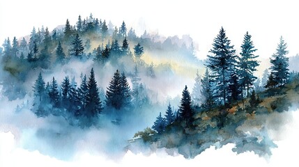 A serene, watercolor landscape featuring misty hills and tall evergreen trees, evoking a sense of tranquility and natural beauty.