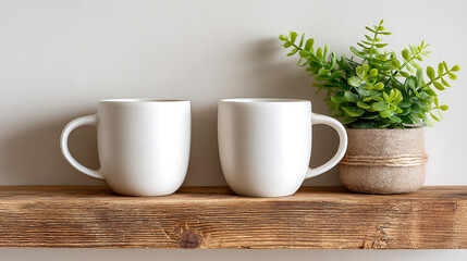 Fototapeta premium White Mugs on a Wooden Shelf Beside a Small Green Potted Plant, Creating a Cozy Aesthetic in a Modern Interior