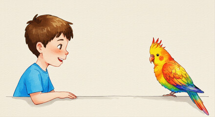 Young child smiling and interacting with colorful parrot on table. Boy talking to pet bird