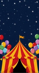 A colorful circus tent under a starry night sky, full of vibrant balloons.