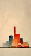 A minimalistic abstract representation of industrial buildings in earthy tones, showcasing geometric shapes and a serene background.