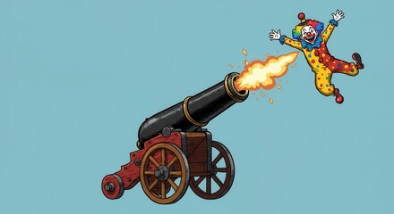 A colorful clown is launched skyward from a vintage cannon against a pale blue backdrop.