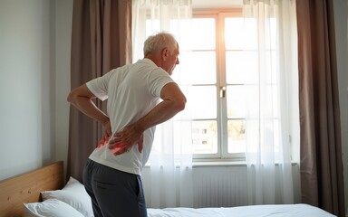 Senior man with backache trying to get up from the bed in the morning. High quality