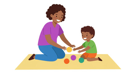 Mother and Child Playing with Colorful Balls detailed illustration featuring kid, nurturing, sphere, balls, childhood, mat concept design