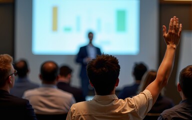 Rear view of seminar attendee raising hand and asking questions about financial report. High quality