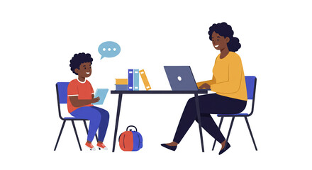 Mother and Son Working from Home Together detailed illustration featuring family, mother, together, teamwork, character, computer concept design