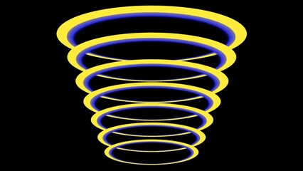 A mesmerizing spiral of glowing yellow and blue rings forming a tunnel-like vortex on a black background, creating a futuristic and hypnotic optical illusion.