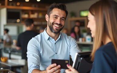 A happy man on checkout is paying with credit card on pos terminal. High quality