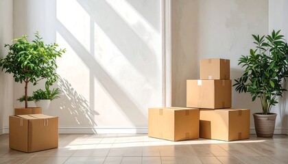 Sunny room with moving boxes