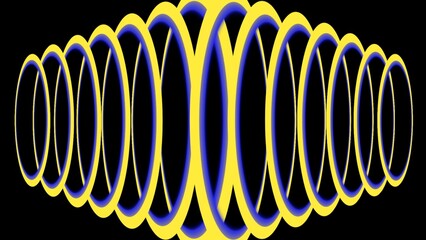 Glowing yellow and blue rings create a hypnotic tunnel illusion. The bold symmetry and deep contrast against black evoke a futuristic, dynamic, and captivating abstract artwork.