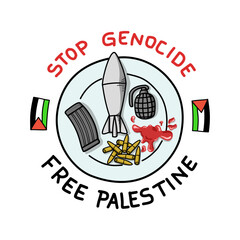 Free Palestine, Stop Genocide, Support Palestinian. Dishes on plates with RPG missiles, bullets, grenade and blood, famine disaster vector illustration.
