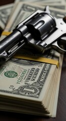 Obraz premium Revolver resting atop stacks of American currency showcasing wealth and security