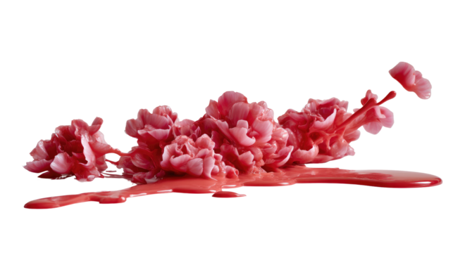 Melting Floral Elegance: A cluster of radiant red flowers gracefully cascade, melting into a vibrant puddle of color, creating an ethereal effect.