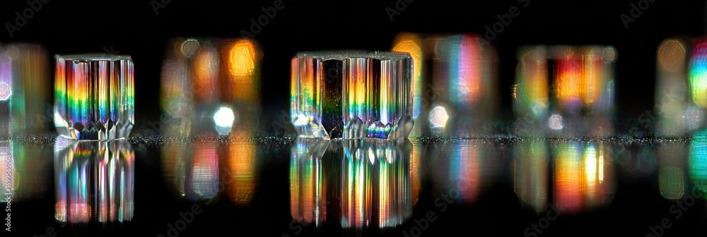 Poster colorful crystals reflecting light in a dark environment with vibrant hues creating an artistic disp