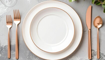 Overhead view of an elegant rose gold and white tableware setting on a textured gray background.

