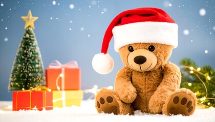Teddy bear in Santa hat, Christmas scene