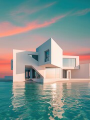 Fototapeta premium Modern minimalist white geometric house by calm water at sunset