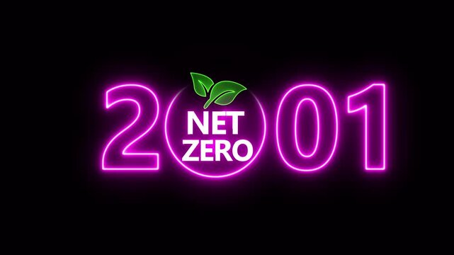 Net zero emissions by 2001 to change climate and net zero greenhouse gas emissions target. Aerial of Net zero environment sustainable development concept. Neon net zero goal achieved.4k video