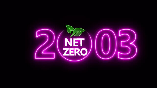 Net zero emissions by 2003 to change climate and net zero greenhouse gas emissions target. Aerial of Net zero environment sustainable development concept. Neon net zero goal achieved.4k video