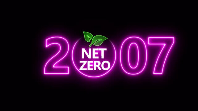 Net zero emissions by 2007 to change climate and net zero greenhouse gas emissions target. Aerial of Net zero environment sustainable development concept. Neon net zero goal achieved.4k video