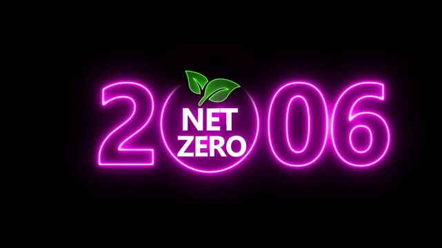 Net zero emissions by 2006 to change climate and net zero greenhouse gas emissions target. Aerial of Net zero environment sustainable development concept. Neon net zero goal achieved.4k video