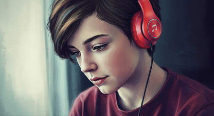 Young person listening to music indoors. Teen looking down with red headphones
