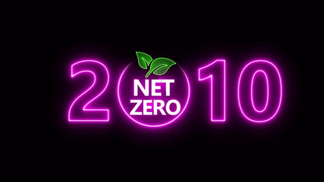 Net zero emissions by 2010 to change climate and net zero greenhouse gas emissions target. Aerial of Net zero environment sustainable development concept. Neon net zero goal achieved.4k video