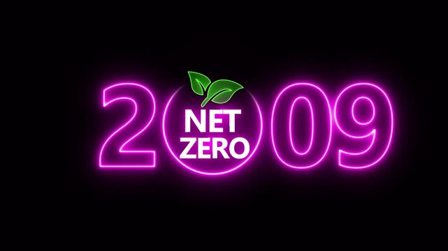 Net zero emissions by 2009 to change climate and net zero greenhouse gas emissions target. Aerial of Net zero environment sustainable development concept. Neon net zero goal achieved.4k video