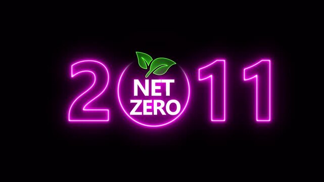 Net zero emissions by 2011 to change climate and net zero greenhouse gas emissions target. Aerial of Net zero environment sustainable development concept. Neon net zero goal achieved.4k video