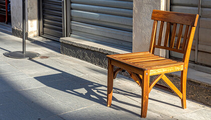 Wooden Chair on Pavement with Strong Sunlight and Dramatic Shadows in an Urban Setting