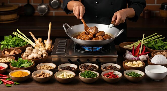 Food preparation of beef rendang with coconut milk and spices