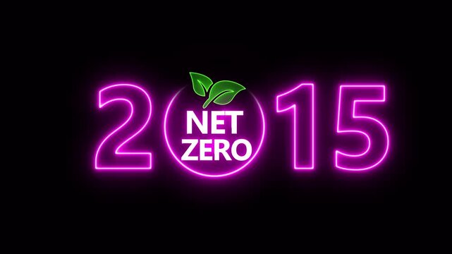Net zero emissions by 2015 to change climate and net zero greenhouse gas emissions target. Aerial of Net zero environment sustainable development concept. Neon net zero goal achieved.4k video