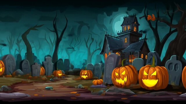 Spooky halloween scene with pumpkins house and graveyard illustration