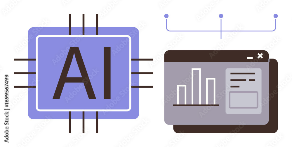 Poster ai processor with connection lines next to a web interface displaying analytics. ideal for ai techno