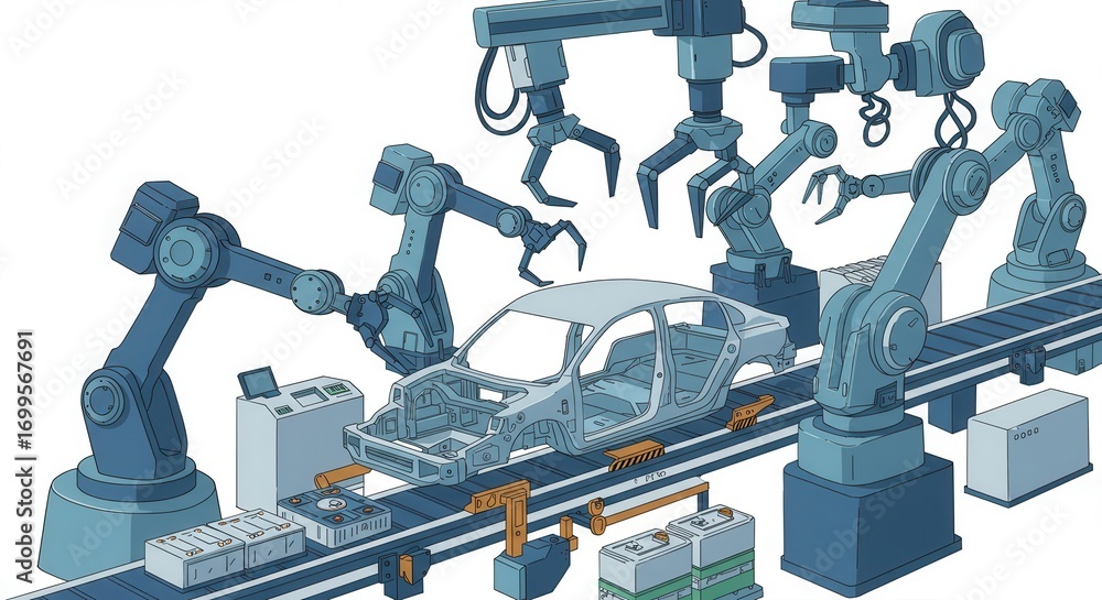 Poster automated assembly line with robotic arms constructing a car chassis.
