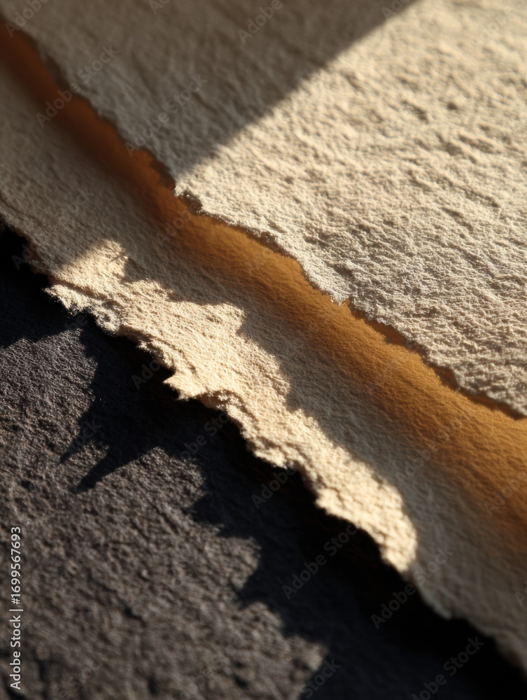 Poster texture and contrast in torn paper illuminated by soft light highlighting edges and shadows in a cal