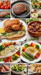 Culinary composition displaying an array of main course dishes with accompaniments