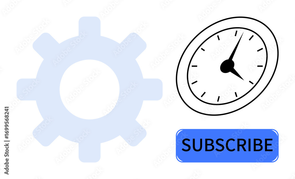 Poster gear icon, clock face with pointed hands, and subscribe button in blue. ideal for efficiency, automa