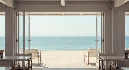 Fototapeta premium Modern Beachfront Restaurant Interior with Ocean View through Open Doors