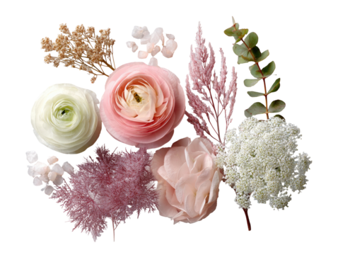A flat lay of pastel flowers and grasses. Various shades of pink, cream, and beige