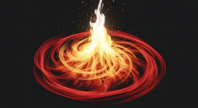 A vibrant digital graphic depicting a powerful fiery vortex with a bright flame rising from its swirling red and orange base.