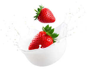  Milk Splash with Fresh Strawberries, isolated on transparent background.